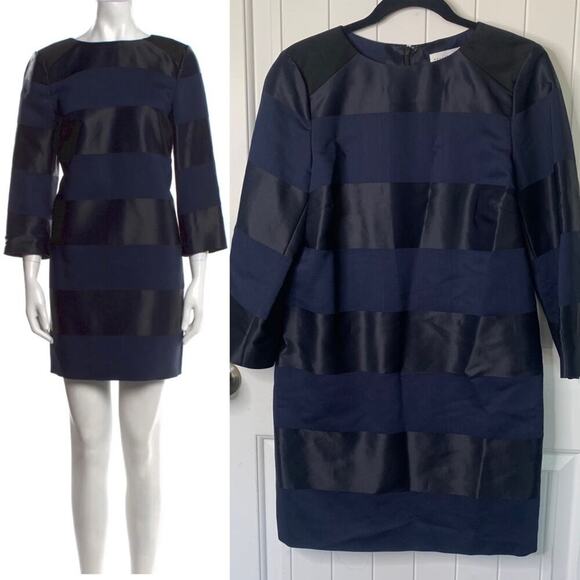 Nellie Partow blue satin‎ striped virgin wool shift dress size 4 - Picture 1 of 6